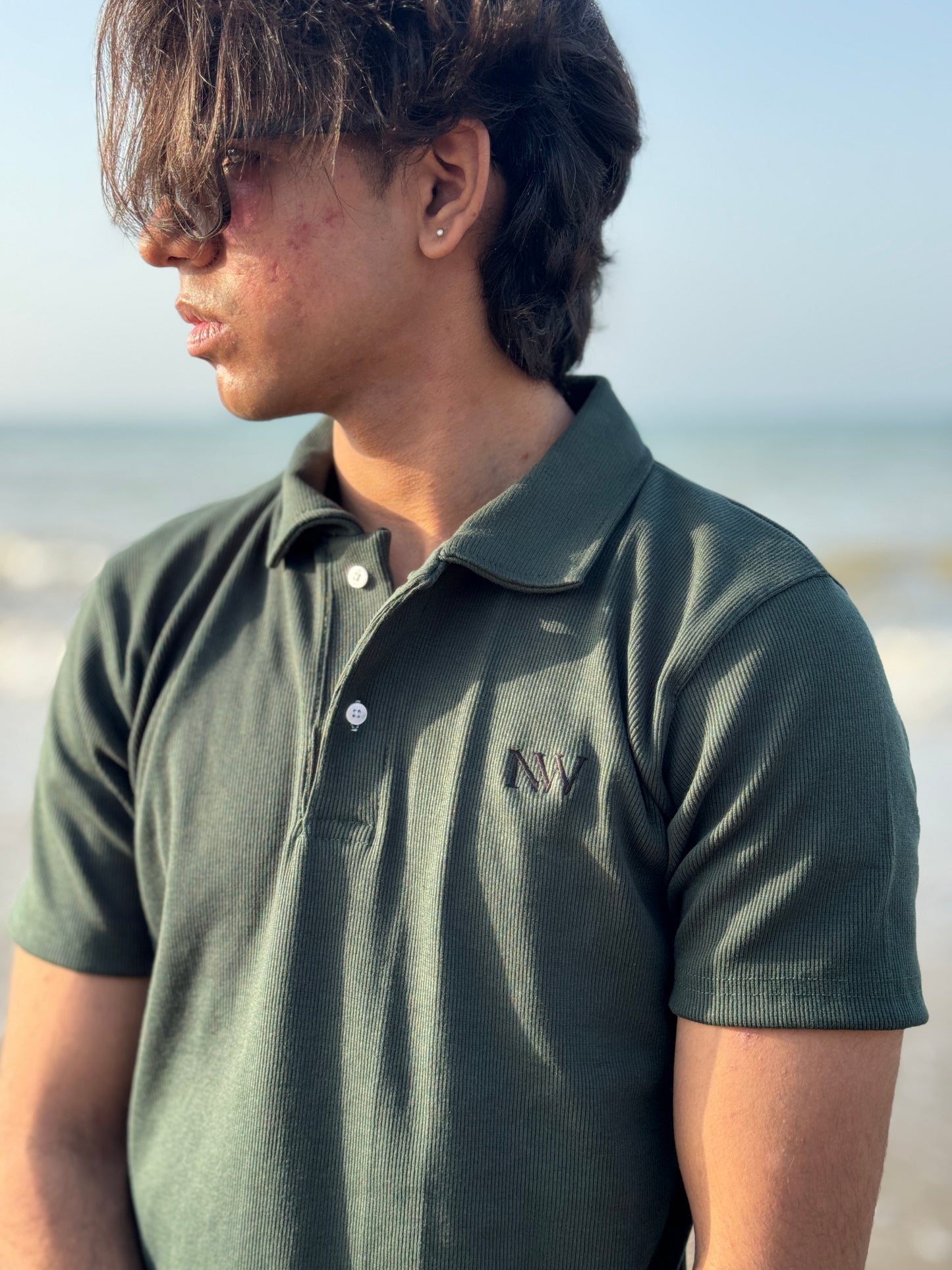 WAFFLE KNIT POLO - GREEN