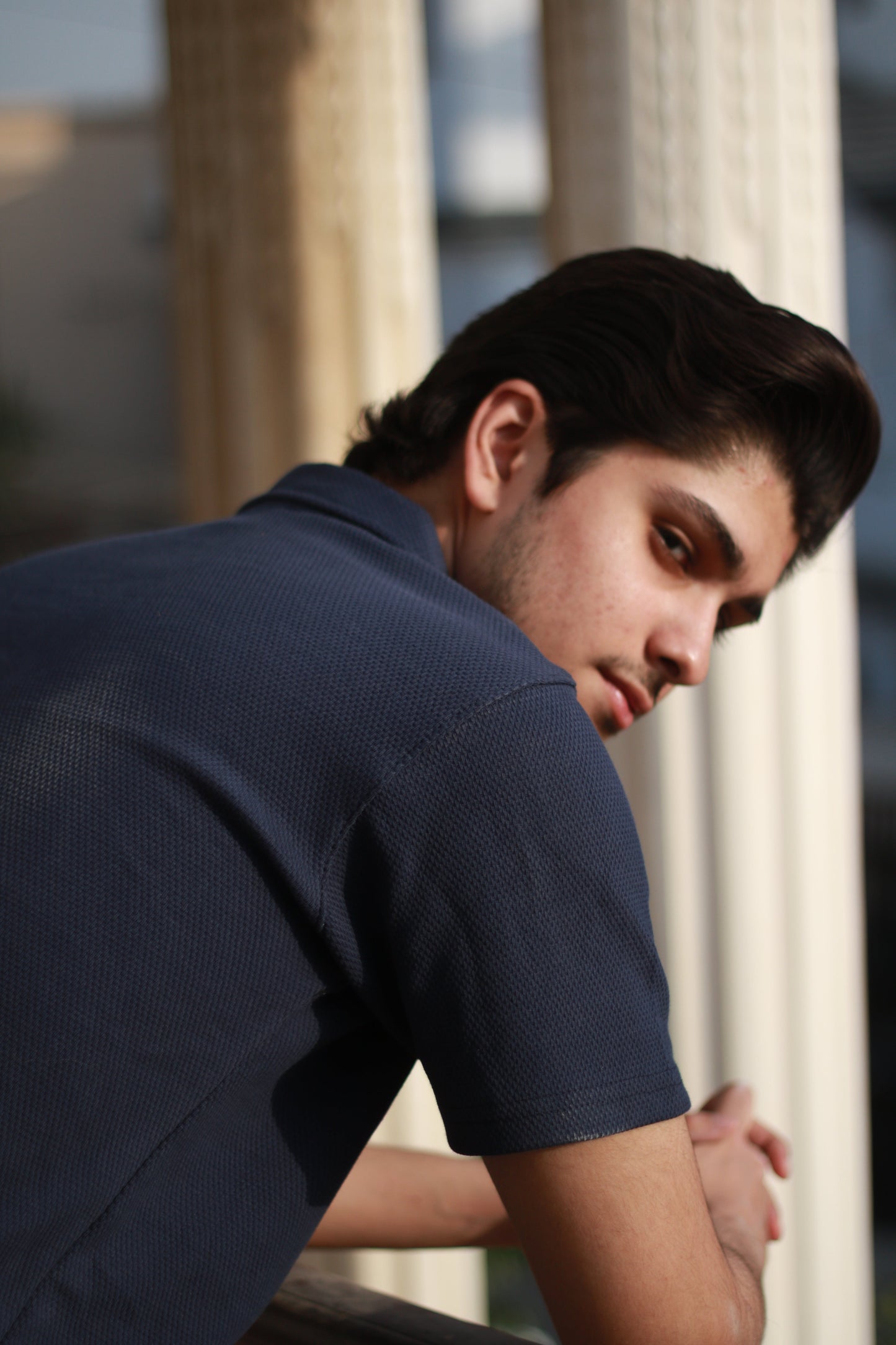 Blue and Grey Waffle Knit Polo