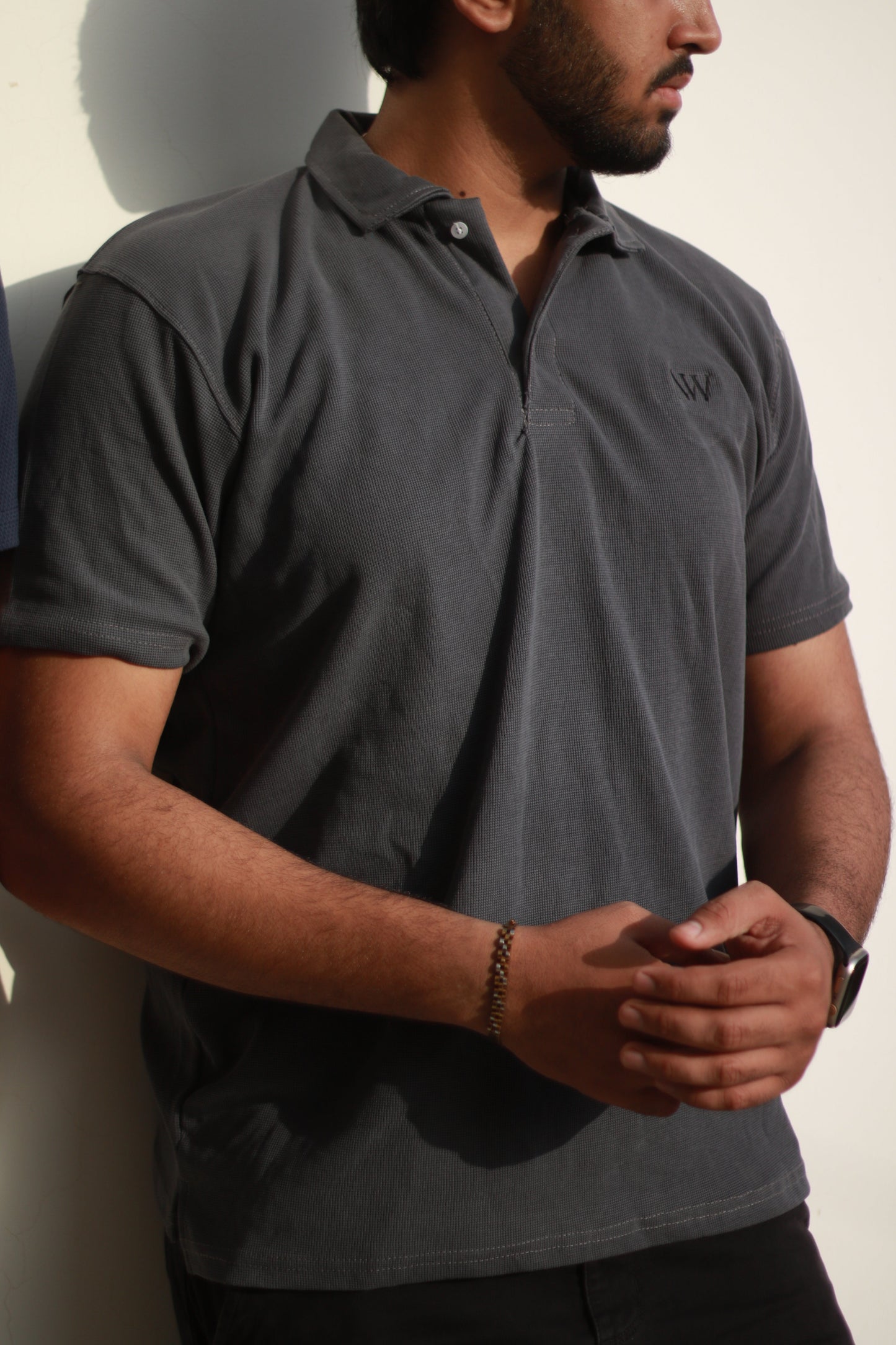 WAFFLE KNIT POLO - CHARCOAL GRAY