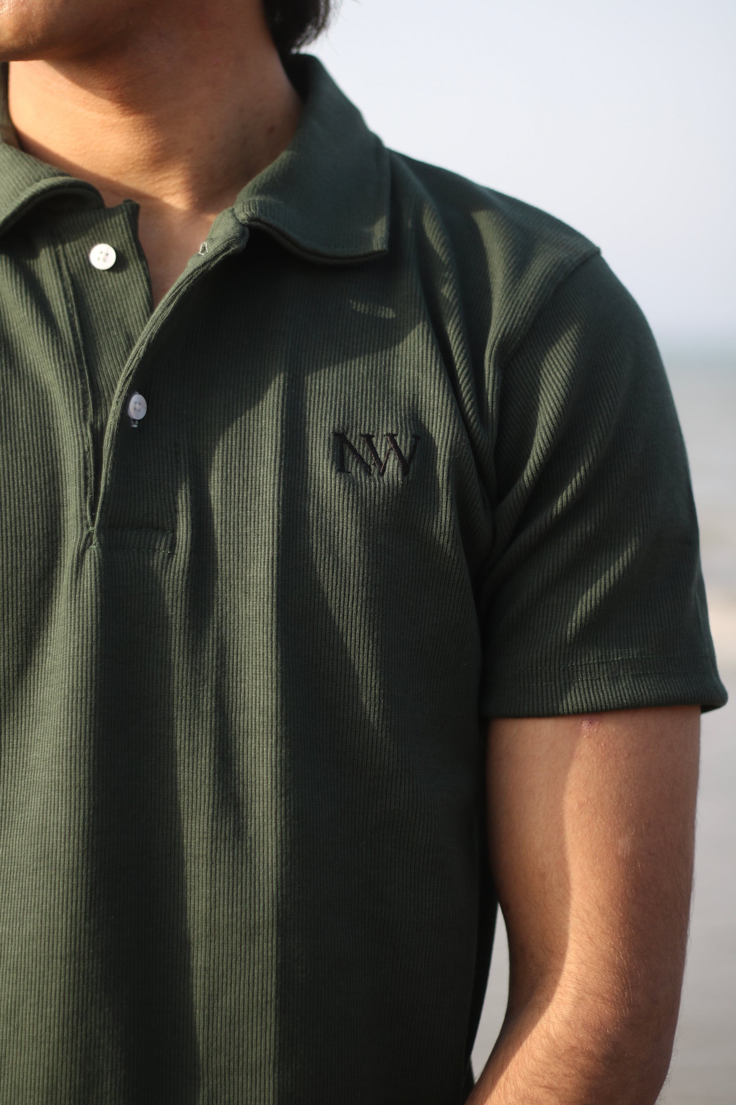 Beige and Green Waffle Knit Polo
