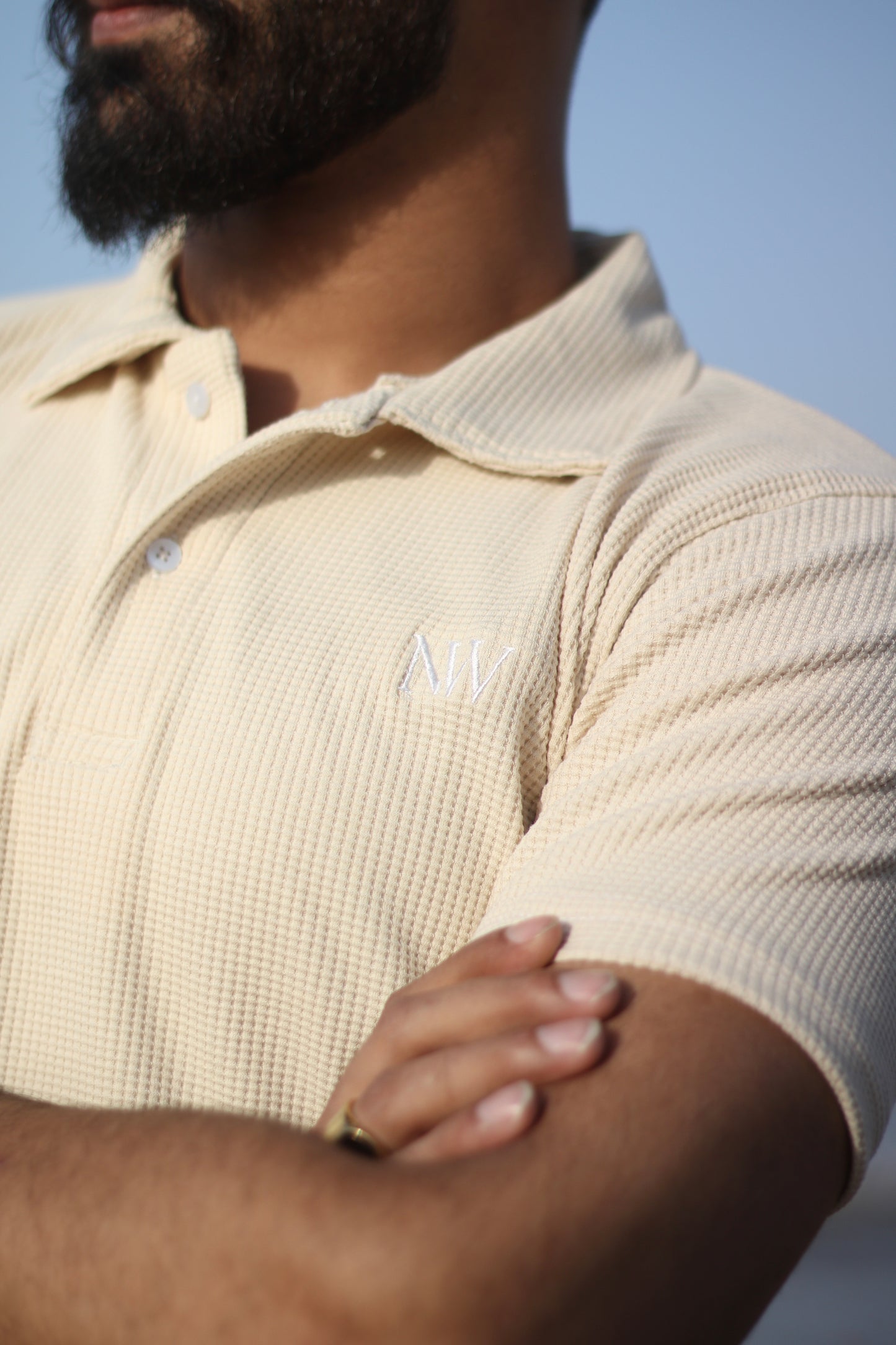 Beige and Green Waffle Knit Polo