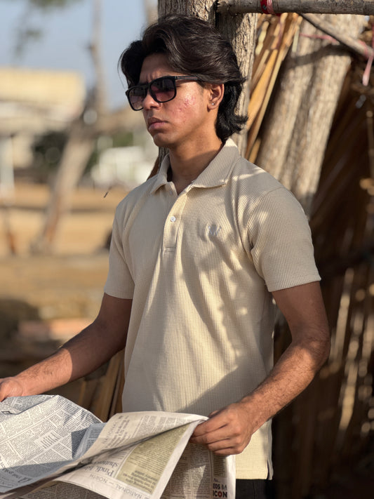 WAFFLE KNIT POLO - BEIGE
