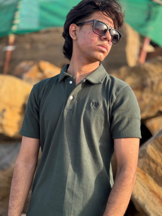 WAFFLE KNIT POLO - GREEN