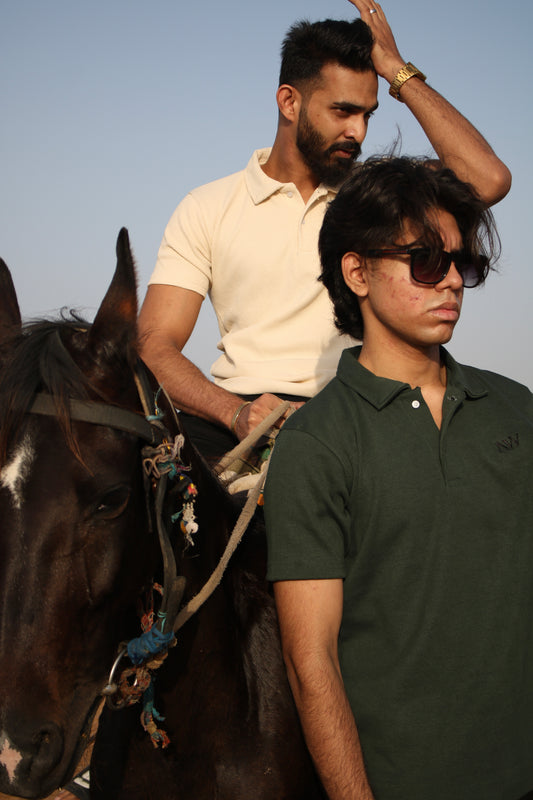 Beige and Green Waffle Knit Polo